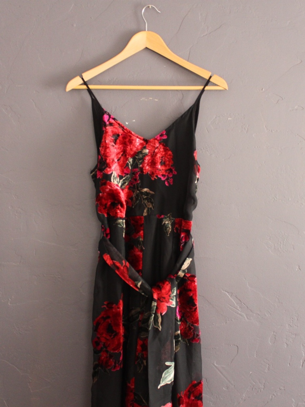 ANTHROPOLOGIE Black and Red Velvet Rose Tie Waist Jumpsuit